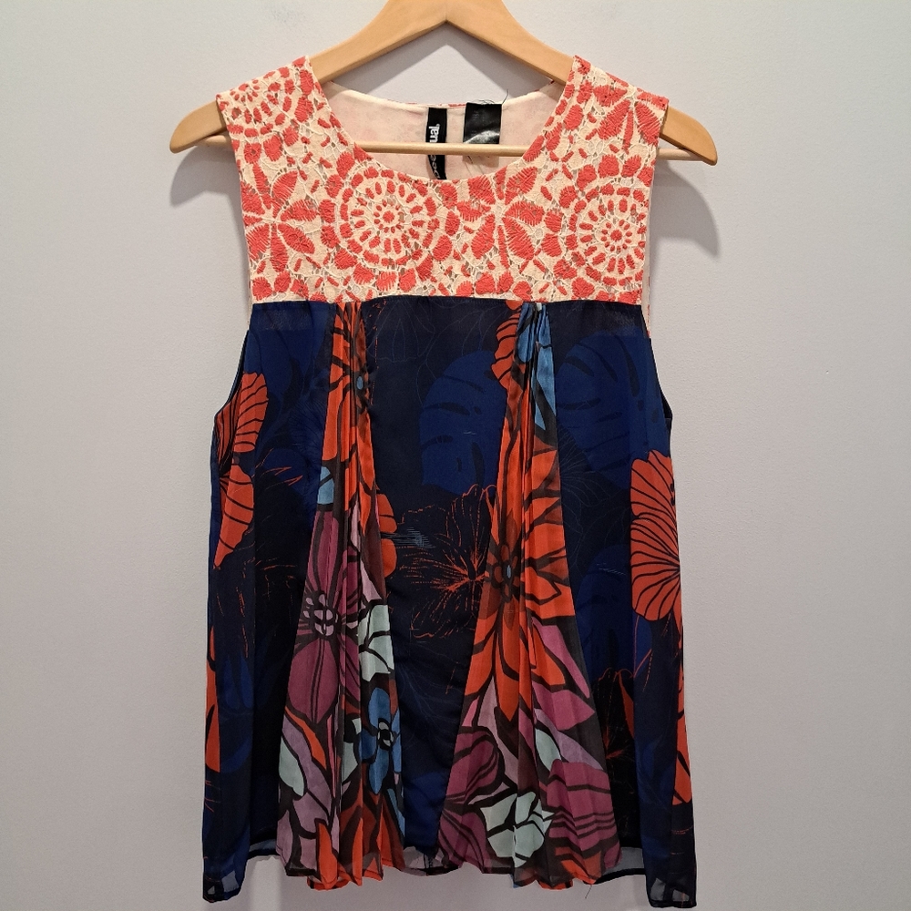Desigual Floral Mixed-Media Lace Boho Fairy Pleated Sleeveless Top Womens L